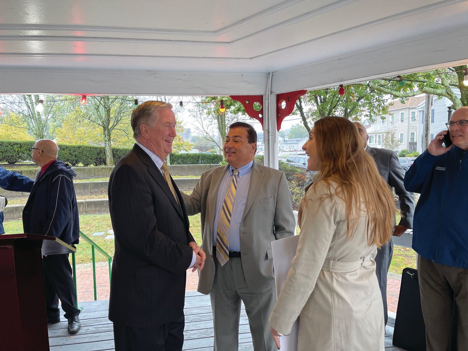 LOCAL LEADERS: Mayor Ken Hopkins shares a moment with House Speaker K. Joseph Shekarchi and state Rep. Jacquelyn Baginski prior to the start of Monday’s event.